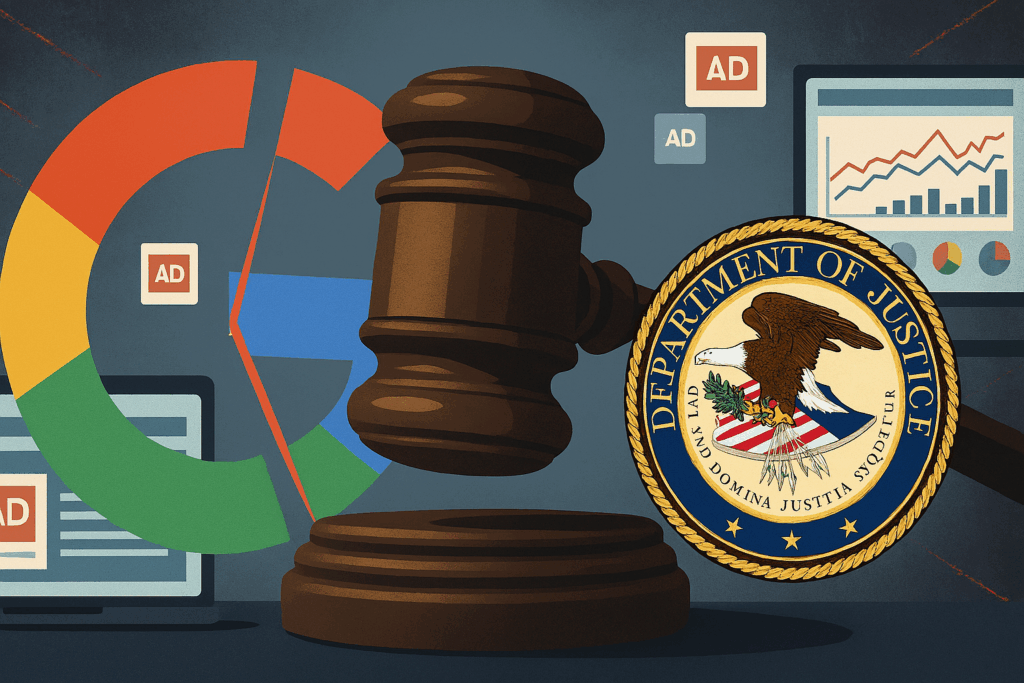 Ilustración del juicio entre Google y el Departamento de Justicia por monopolio publicitario